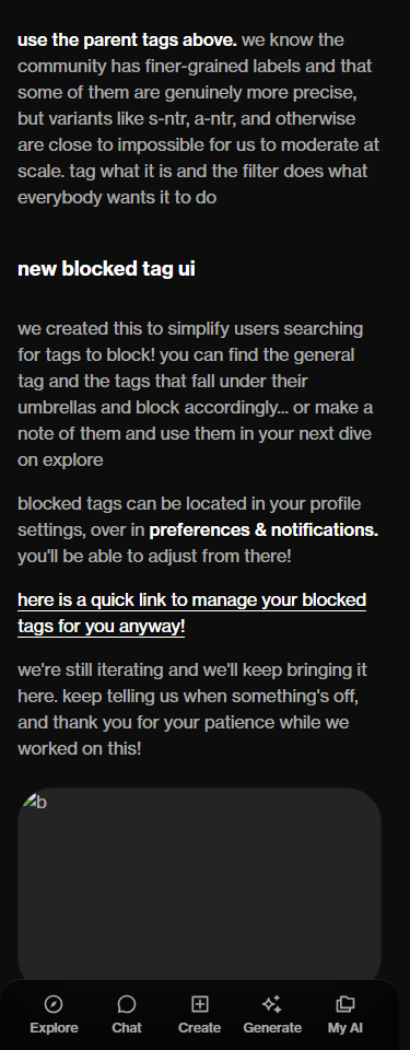 OurDream September 15 update discussing parent tags and blocked-tag preferences.