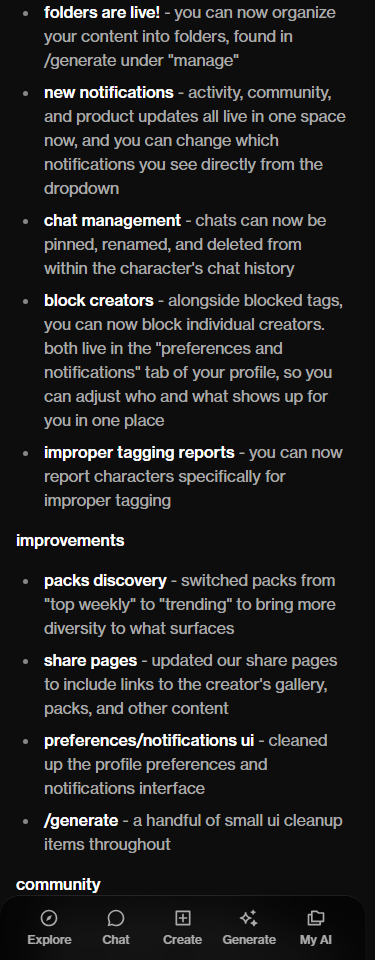 OurDream September 18 release note documenting separate content and chat management.
