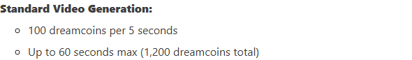 OurDream public DreamCoin cost guide showing Standard video at 100 coins per five seconds