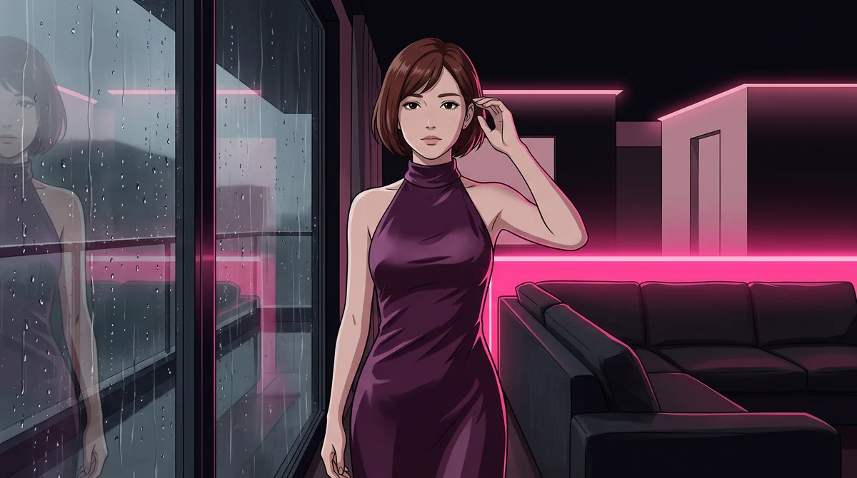 Illustration of an adult woman with a chestnut bob and plum dress beside a rain-streaked window in a pink-lit apartment.