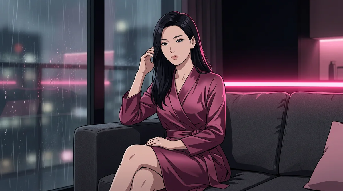 Illustration of an adult woman with long black hair in a rose wrap dress on a sofa beside a rain-streaked window and pink lights.