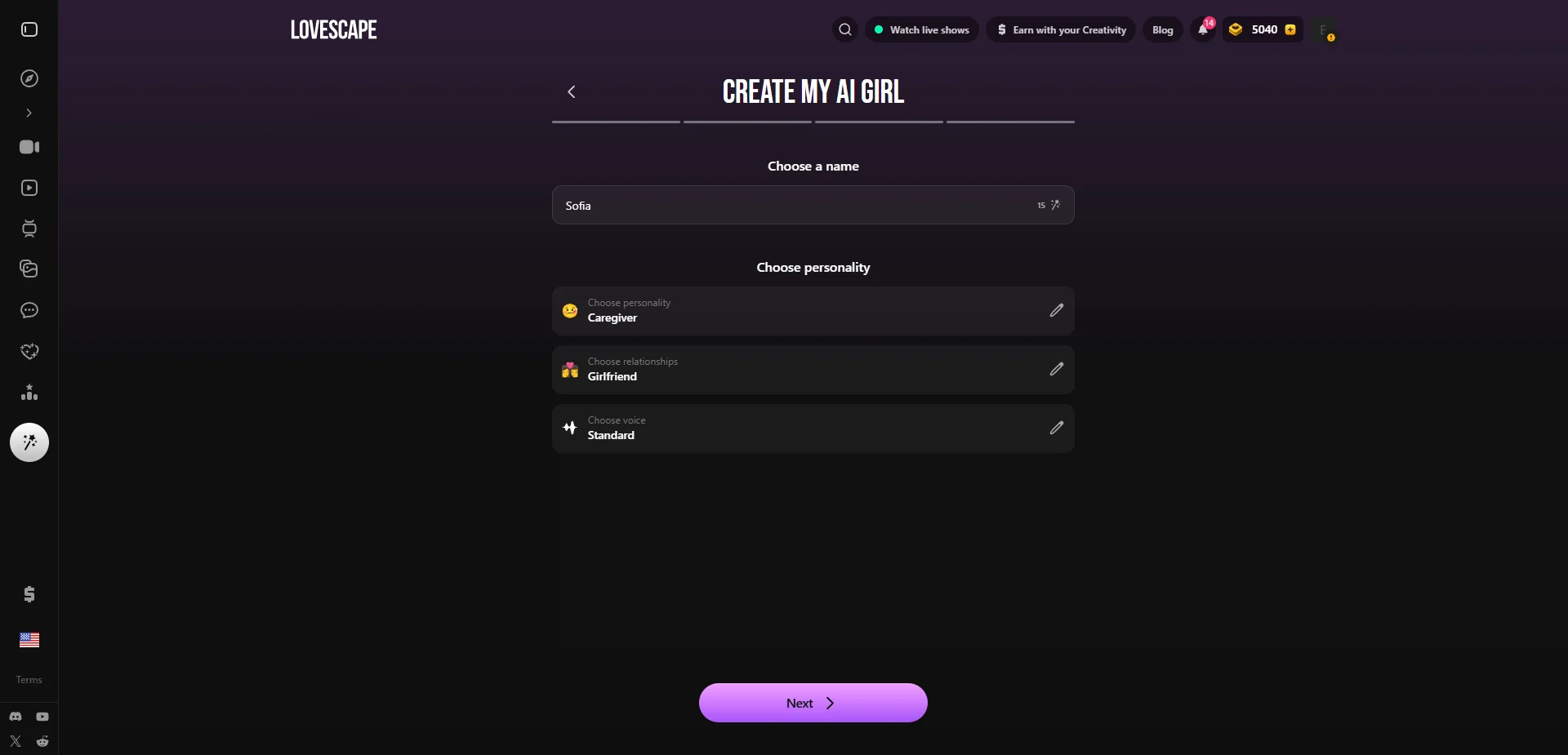 Lovescape Choose a name step with personality, relationship, and voice summary