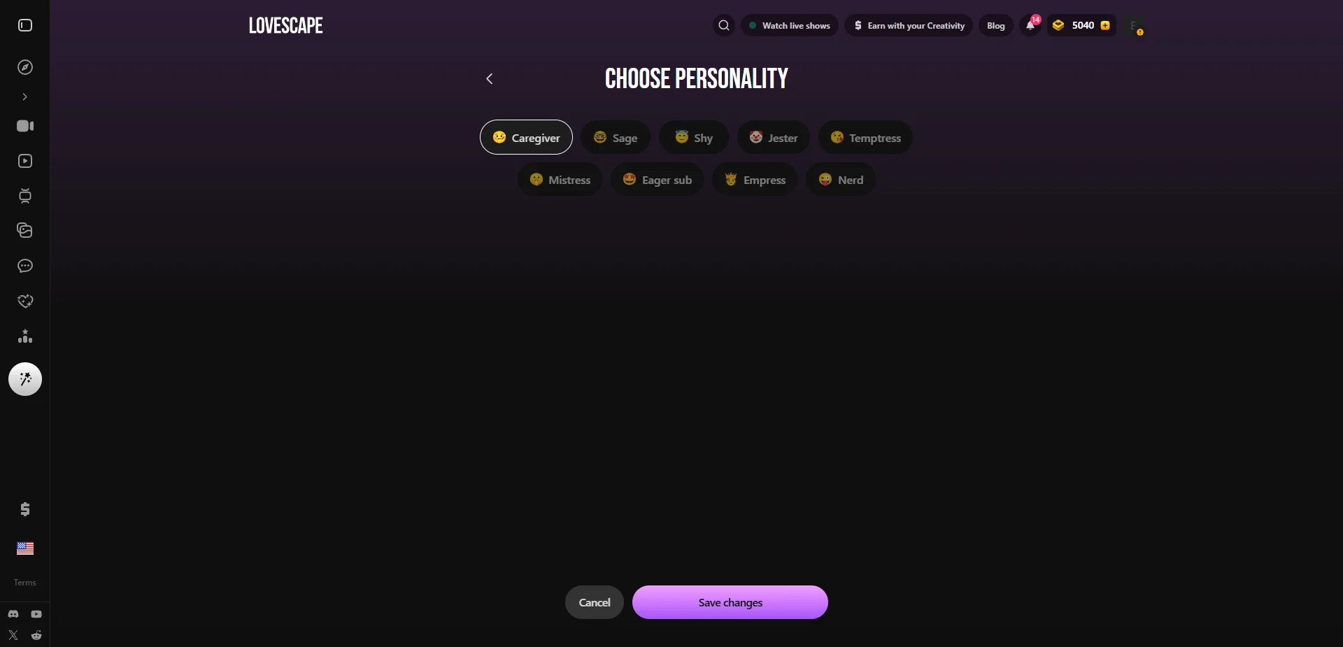Lovescape Choose Personality screen with nine archetypes