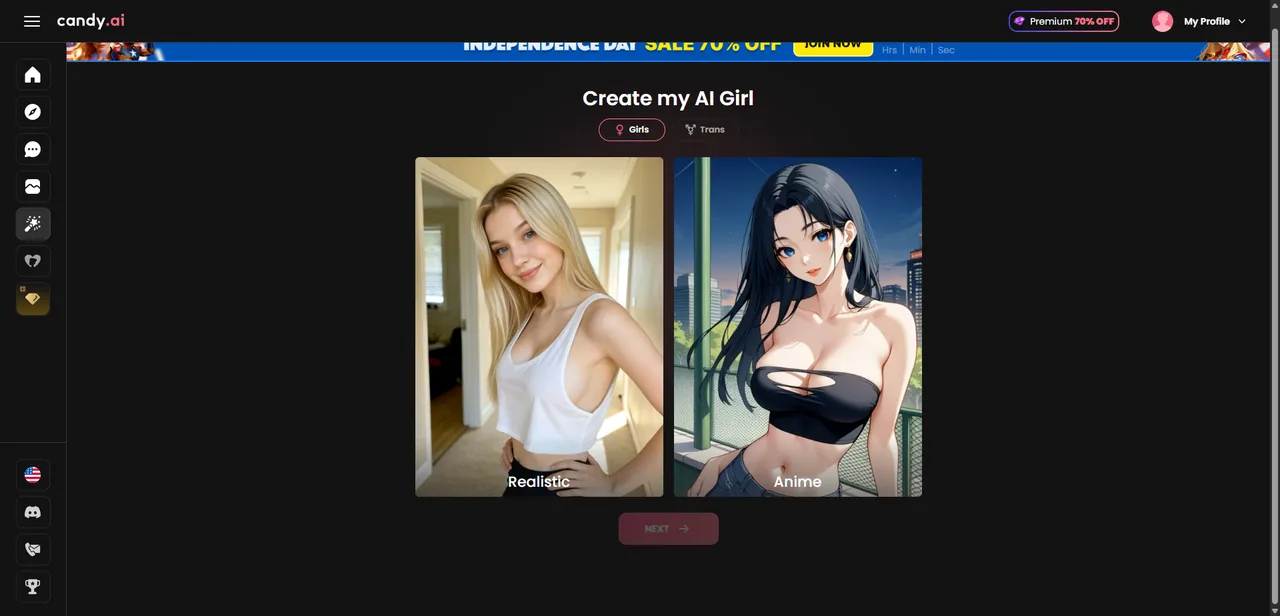 Candy.ai Create my AI Girl screen choosing between Realistic and Anime