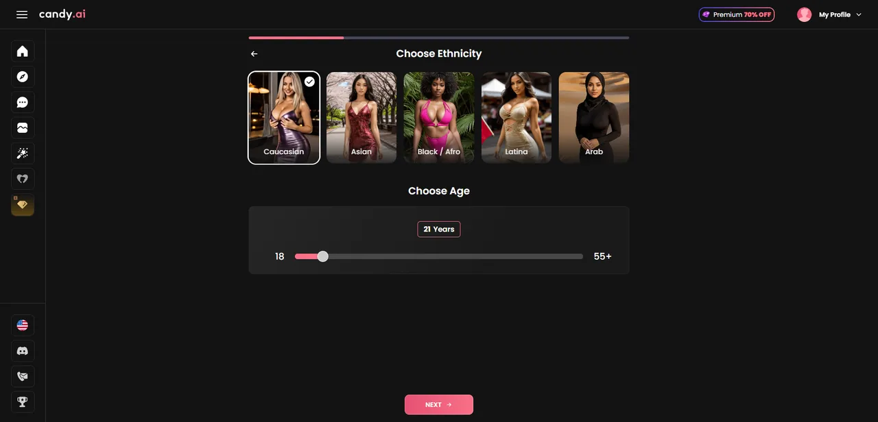 Candy.ai Choose Ethnicity and Choose Age step with a slider