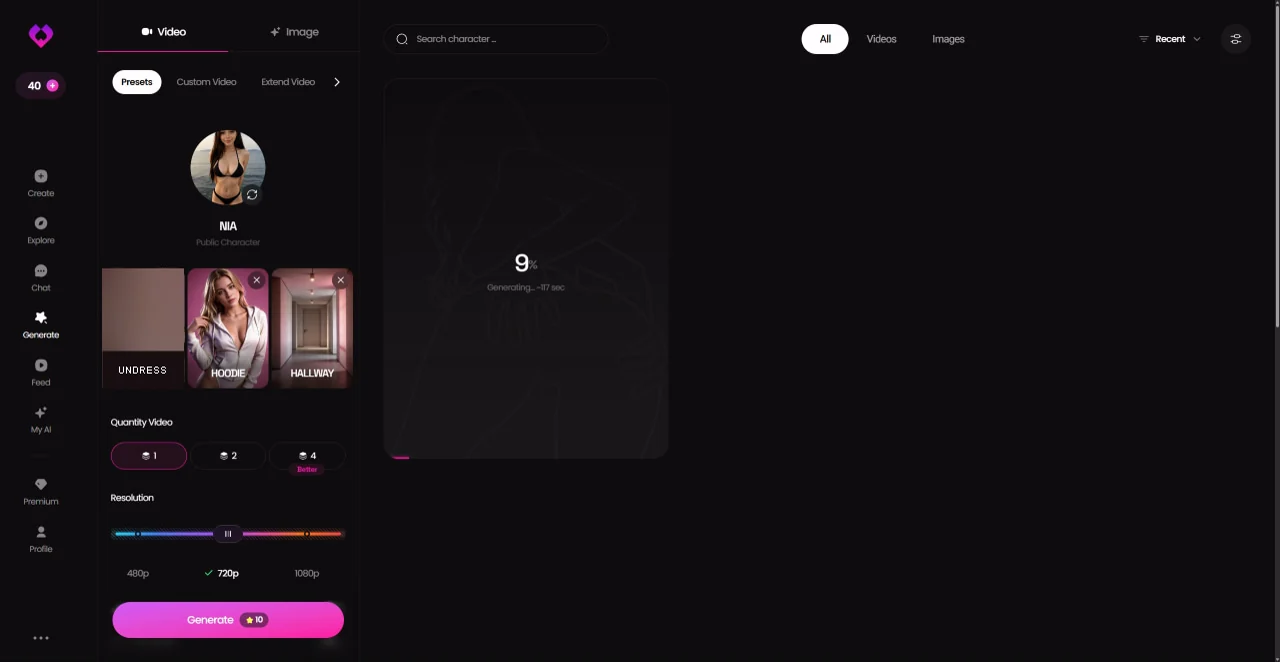 GoLove video preset generating at 720p with quantity controls and a 10-Star button