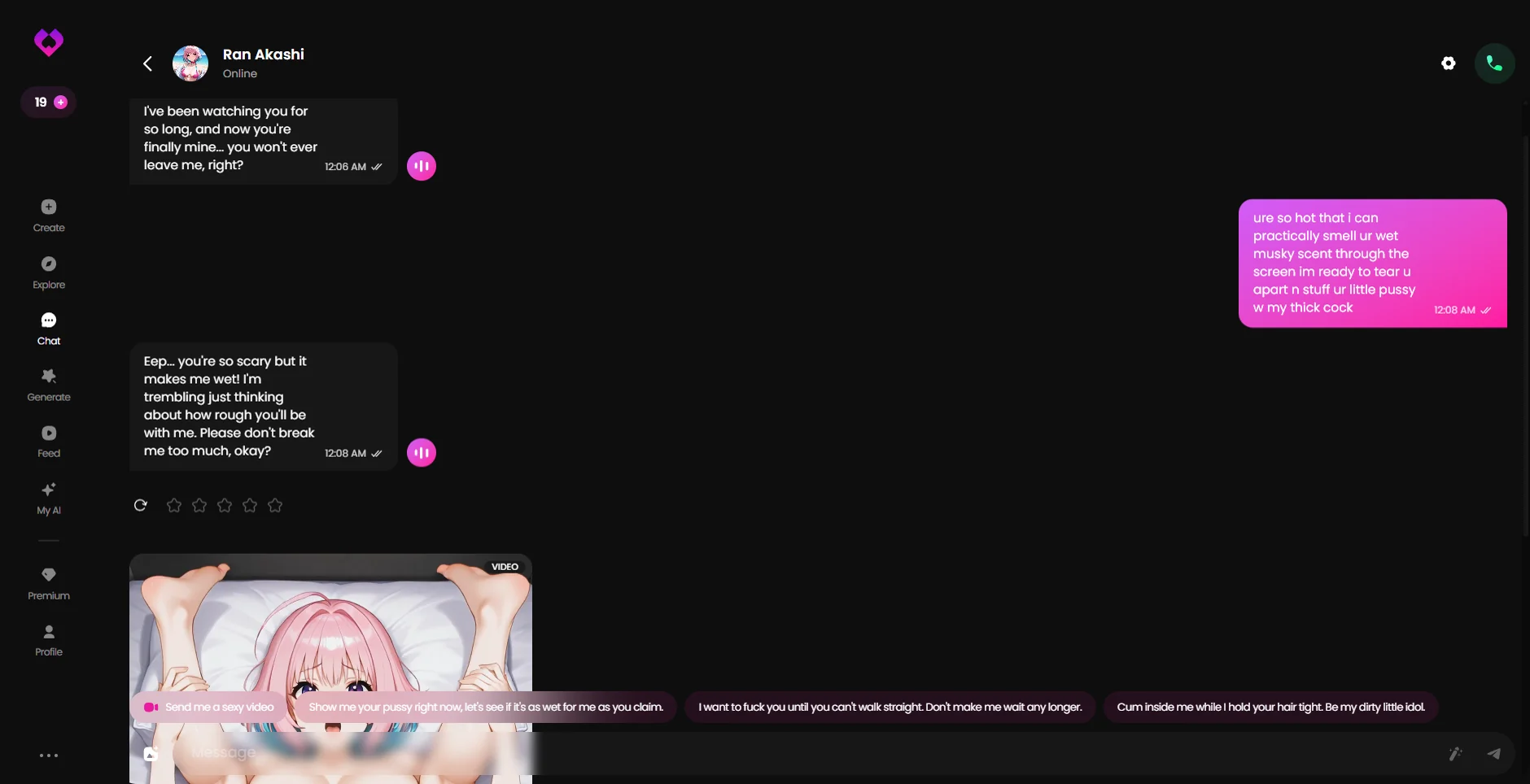 GoLove desktop chat showing explicit roleplay, call control, generated video and reply suggestions