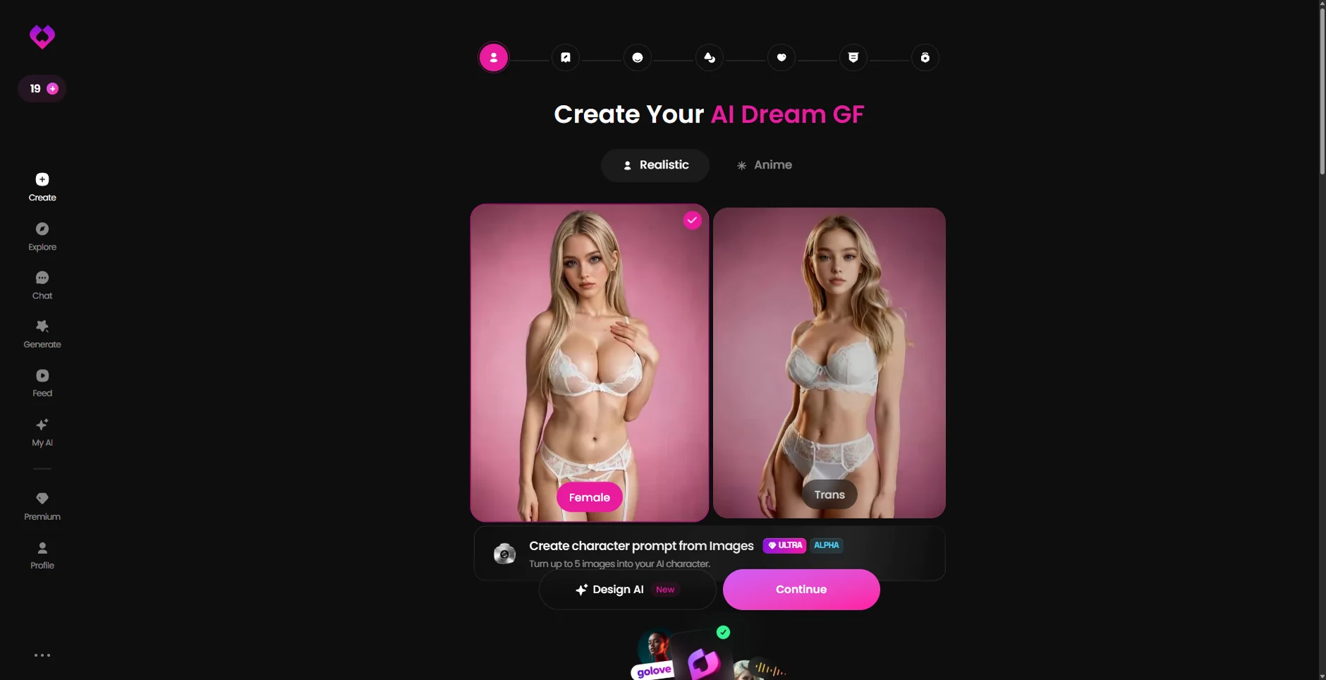 GoLove character creator with realistic and anime styles plus Female and Trans choices