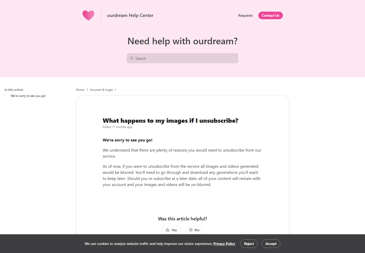 Official OurDream Help Center page explaining that retained images and videos are unblurred after resubscribing