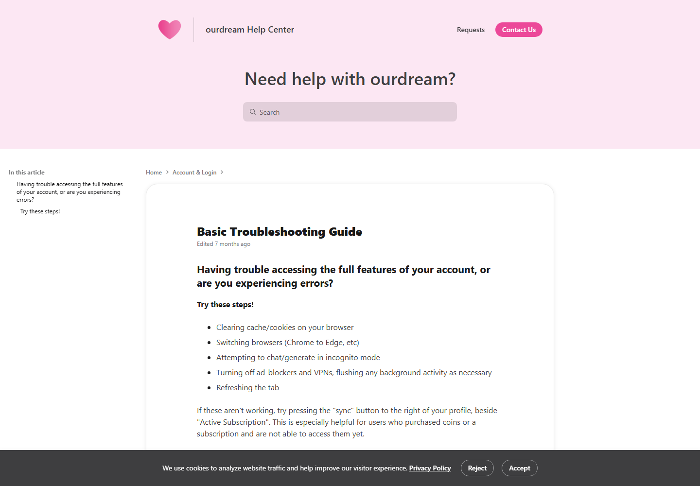 Official OurDream troubleshooting page listing browser checks and the Sync control beside Active Subscription